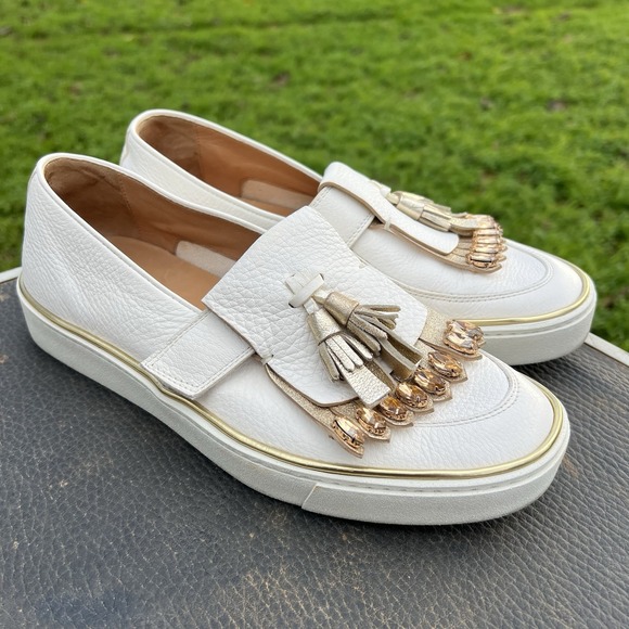 Santoni Shoes - Santoni Womens US 8 EU 38.5 White Leather Loafer Slip On Shoe Strap Jewel